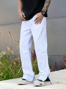Manfinity Homme Men's White Denim Jeans: Casual Modern Style Long Length With Zipper Details - White - View 4