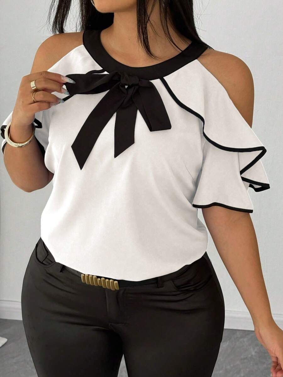 Elenzga Elegante Kurzarmbluse mit Kontrastbesatz für Damen, Cut Out - Weiss - Übersicht 1