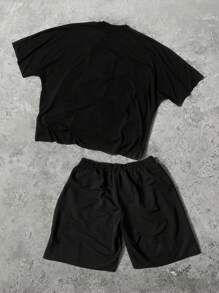 PAVTROS Manfinity Streetrush 2pcs Men's Letter Printed Casual T-Shirt And Pants Set, Sports Outfit, Tracksuit, Spring Summer Suit For Men - Black - View 2