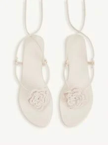 CUCCOO CHICEST Women's Woven Camellia Ankle Strap Square Toe Flat Sandals, Elegant And Romantic Casual White Knitted Ladies Flat Sandals For Afternoon Tea, Vacation, Beach And Hawaii Style