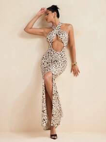 LUNA B Leopard Print Cut Out Sleeveless High Sexy Slit Cross Halter Neck Maxi Dress Party Summer Women Maxi Dress - Multicolor - View 3