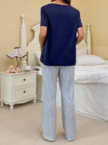 Moonlight&Mama Casual Solid Color Bead Decor Top & Striped Print Pants Maternity Pajama Sets - Navy Blue - View 2