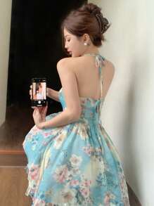 DAZY Ditsy Floral Cinched Waist Cami Dress, Women Casual Beach Holiday Dress Cruise Women Outfits,Ruffle Vacation - Mint Blue - View 13