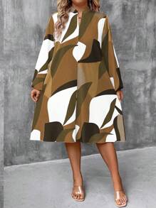 Plus Size Casual Contrast Color Print Lantern Sleeve Dress - Coffee Brown - View 3