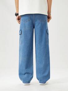 SHEIN Quần jeans ống rộng, thoải mái, cạp chun, thích hợp mặc ngoài trời cho bé trai tuổi teen, đa năng & thoải mái, phong cách thoải mái, phù hợp để mặc hàng ngày, đi nghỉ, du lịch, tụ tập và sinh hoạt tại trường, hàng mới về cho mùa thu 2025 & xuân 2026 - Rửa tối - Xem 2