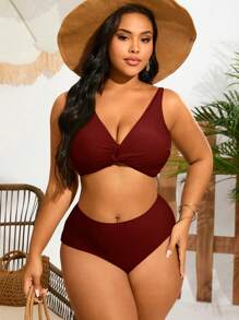 Swim Lushoire Plus Size Solid Color Swimsuit Set, Suitable For Beach Vacation For Summer - Burgundy - View 5