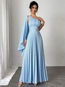 Firerie Nuevo vestido plisado sin mangas de color azul claro versátil para mujeres, atuendos de vacaciones, vestido de verano; Vestido largo plisado y ceñido a la cintura azul encantador talla grande; Vestido de ocasión de alta gama, vestido largo fluido con cuello asimétrico para boda, concierto, fiesta de cumpleaños