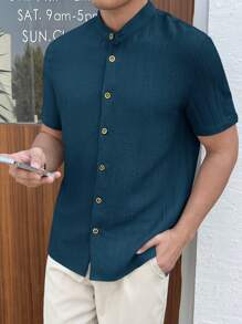 Manfinity BRENVOR Woven Solid Color Button Front Casual Short Sleeve Blue Shirt, Suitable For Summer
