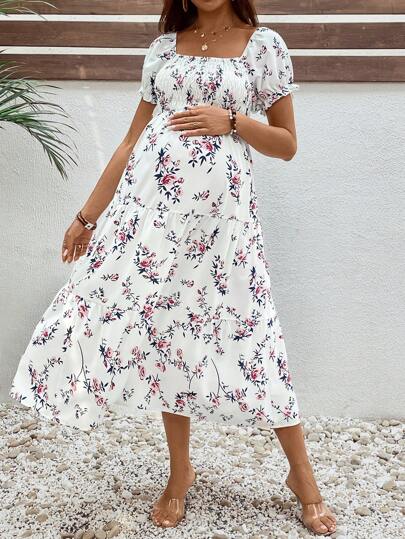 SHEIN 孕妇花卉印花方领短袖直筒连衣裙，适合夏季