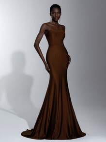 Elitara 优雅华丽的咖啡色背部金属珠按扣装饰露肩带文胸罩杯，大露背，高腰修身性感鱼尾拖尾连衣裙，适合约会、聚会、派对、毕业典礼、正式场合、宴会礼服、礼服、晚会、婚礼宾客 - 棕色 - 查看 5