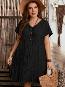 EMERY ROSE Vestido de talla grande de unicolor con manga corta y escote en V, de moda para el verano
