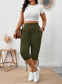 SHEIN LUNE Plus Size Women's Casual Solid Color Slant Pocket 3/4 Pants - Olive Green - View 1