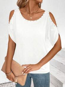 SHEIN LUNE Casual Solid Color Rhinestone Decor Off Shoulder T-Shirt, Summer - White - View 4