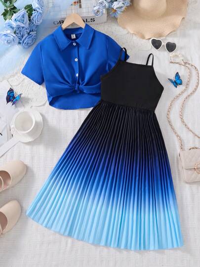 2pcs Tween Girl Elegant Gradient Color Slip Dress With Simple Short Sleeve Shirt Blouse Casual Vacation Outfit, Spring/Summer Summer Holiday