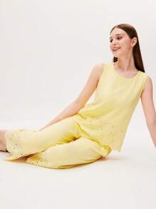 LUVLETTE Lsland Style黄色婚礼必备刺绣长款睡衣套装，纯棉伴娘透气女士睡裤，带口袋，可作内衣外穿，春夏款 - 黃色 - 查看 7