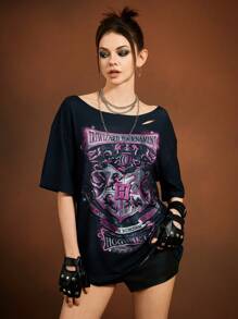 HARRY POTTER X SHEIN Women's Black Asymmetrical Shoulder Casual Retro Punk Dark Mottled Letter & College Badge Pattern Short Sleeve Loose T-Shirt, Comfortable In Summer