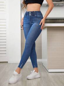 SHEIN Essnce Plain Skinny Pocket Button Casual Denim Jeans - Medium Wash - View 3