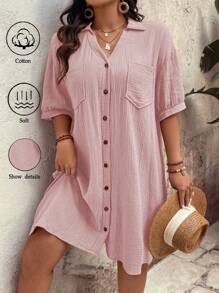 EMERY ROSE Plus Size Women Solid Color Short Sleeve Fashionable Summer Dress - Pink - View 1