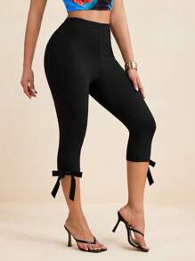 LUNA B Black Solid Color Elastic Waist Bow Carpi Pants Women Summer Vacation Beach Set Yoga Pants