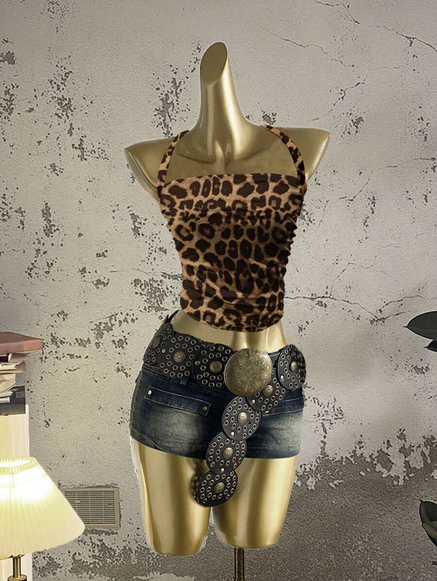 Attitoon Women's Vacation Halter Leopard Print Textured Fitted Camisole, Suitable For Summer - Multicolor - View 1