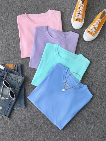 SHEIN Unity 4pcs/Set Women Plain Round Neck Short Sleeve Casual T-Shirts