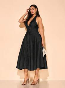 SHEIN BAE Vestido elegante de mujer talla grande con cuello en V profundo y estampado floral jacquard, para fiesta de cumpleaños, boda, dama de honor, cóctel, vestido de noche