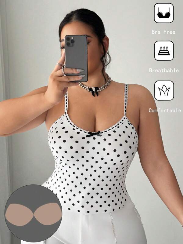 SHEIN SXY Plus Size Women's Black And White Polka Dot Colorblock Ribbon Decor Camisole Top, Suitable For Street, Casual, Sexy, Daily Travel, Shopping, Dating. Cool And Comfortable To Wear, Easy To Match, Looks Slim, Accents Your Body, Flatters The Figure