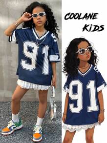Coolane Kids Tween Girls Lente/Zomer Streetwear Athleisure Ouder-kind Kleding Ademend Mesh Baseball Jersey V-hals T-shirts