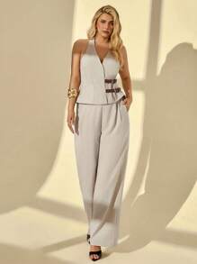 Auralis Ensembles d'été grande taille pour femmes. Tenues décontractées chics pour le travail. Tenues d'église pour femmes. Style vieux argent pour femmes. Tenue d'aéroport. Tenues d'enseignante pour femmes. Top dos nu ras-du-cou sexy et pantalon long 2 pièces, ensemble deux pièces d'été, pantalon ample élégant de navette décontracté avec poches, couleur unie et décoration de ceinture, ensemble deux pièces top sans manches - Nude - Voir 5