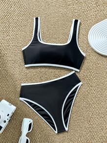 SHEIN Teen Girls Black & White Contrast Color Swimwear Set, Snug Fit, For Beach, Vacation, Casual - Black and White - View 6