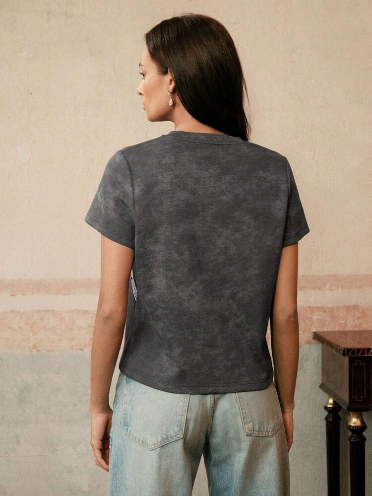 Urban Chic Lace Beaded Tie Dye Short Sleeve Crew Neck Top, Spring Summer For Women