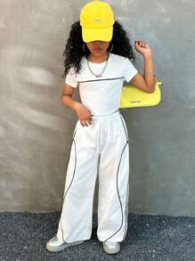 Coolane Kids Tween Girls 春夏街头风格女孩休闲套装，包含 T 恤和阔腿裤 - 白色 - 查看 2