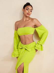 LUNA B Solid Color Strapless Long Sleeves Bandeau Crop Top For Women Outfit Summer Vacation Holiday