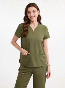 Scrubzie Women's Solid V-Neck Short Sleeve Pocket Scrub Uniform Top - Army Green - View 6