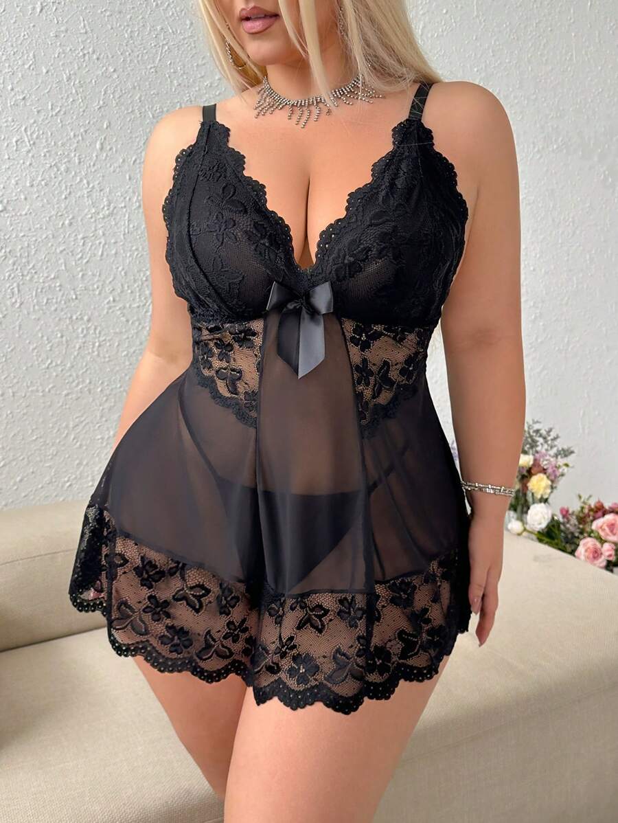 2 件/套：大码性感深 V 蕾丝撞色网眼内衣和丁字裤 - 黑色 - 查看 1