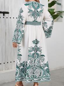 Mulvari Retro Palace Style Floral Print Flared Sleeve V-Neck Cinched Waist Dress - Multicolor - View 4