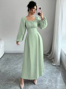 Modelyn 女士优雅长裙，方领，灯笼袖，褶皱，后系带，纯色，适合秋季长款女士装长款晚礼服