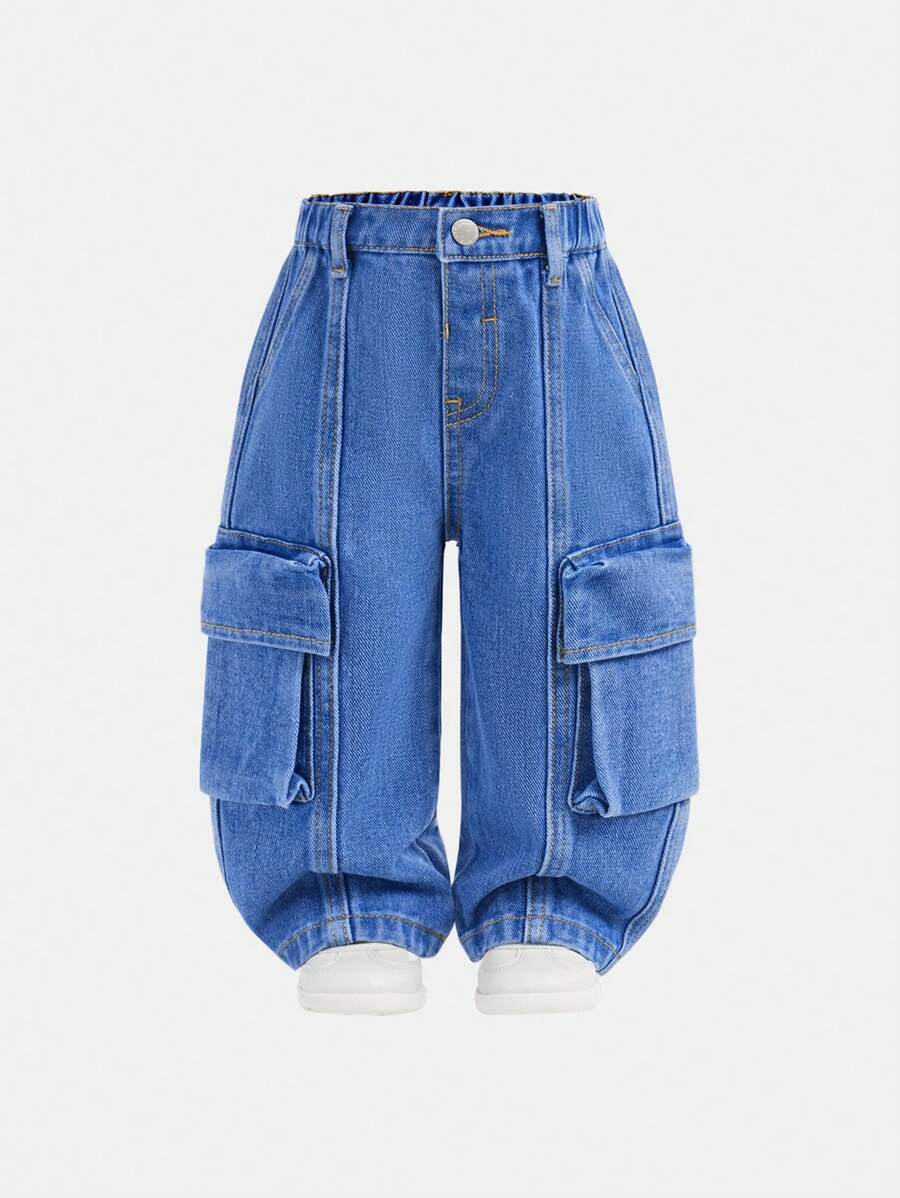 SHEIN 男童酷炫街头风格石洗工装口袋宽松牛仔裤，适合秋冬 - 中等水洗藍 - 查看 1