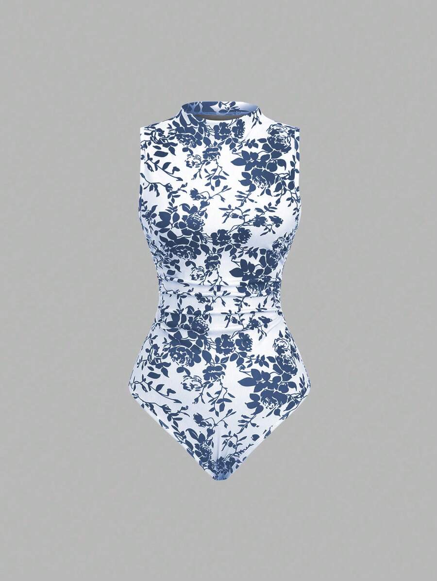 Sweetra Women's Vintage Black And White Print Bodysuit, Slimming, Spring/Summer