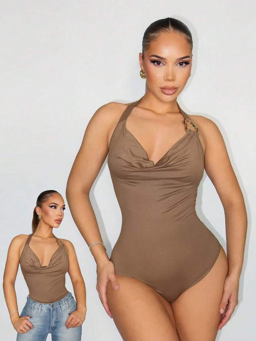 Zolique 性感棕色低胸不对称金属扣吊带女式紧身衣 - 卡其色 - 查看 1