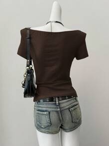 SHEIN EZwear 棕色针织女式修身短袖上衣 - 巧克力棕 - 查看 2