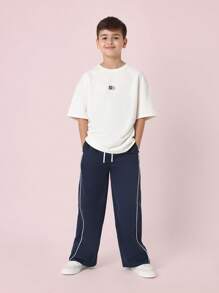 SUMWON 青少年篮球运动套装休闲运动服宽松运动训练套装休闲街头风儿童日常度假装 - 藏蓝色 - 查看 1