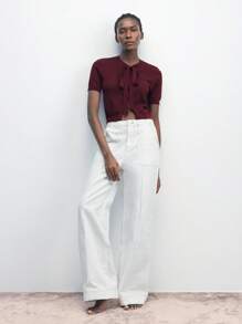 Maija Women's Red Rib-Knit Tie Neck Crop Sweater: Short Sleeve Casual Knitwear Top - Red - View 3