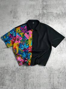 Manfinity Hypemode Camisa casual de manga corta negra con estampado floral y grafiti colorido en la parte delantera para hombres