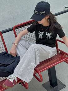 DAZY Tween Girls Short Sleeve Round Neck T-Shirt And Pants 2 Pieces Set,Girls Summer Outfits,Back To School Clothes - Black - View 1