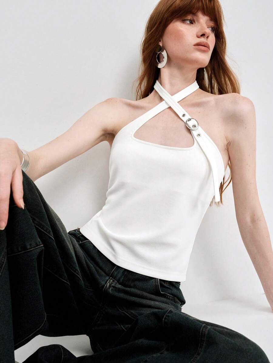 SHEIN LUNE Women's White Criss Cross Halter Knitted Crop Tank Top: Casual Summer Style - White - View 1