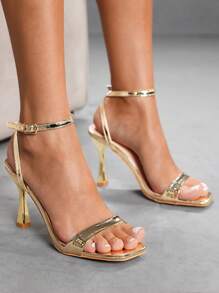 CUCCOO SZL Fashionable Light Gold Simple Buckle Design High Heel Square Toe Sandals For Work, Dating, Party For Christmas Spring Shoes Prom Heels Summer Shoes - Gold - View 5