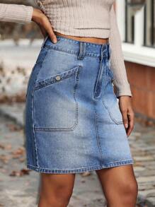 SHEIN Tall Gonna di jeans dritta casual da donna con tasche, stile corto versatile