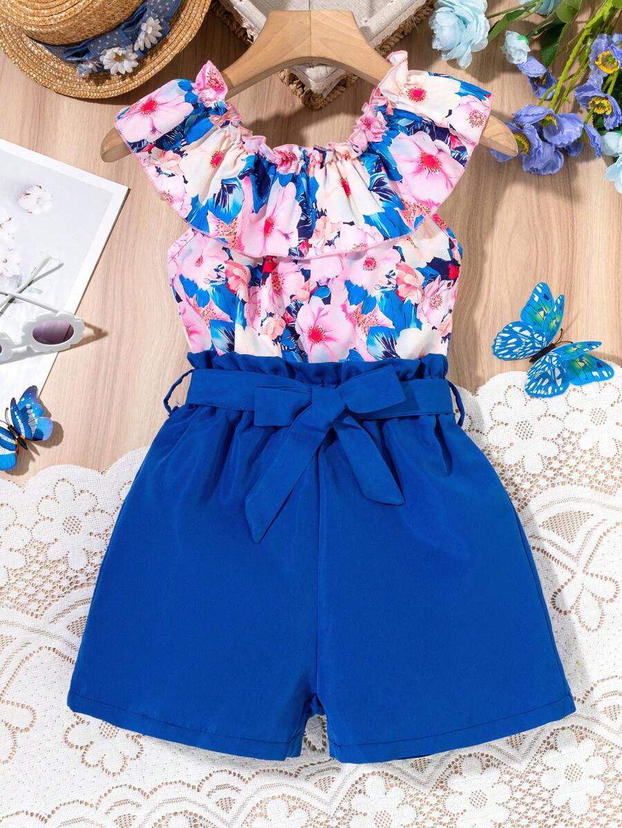 SHEIN 2件套 女童节日休闲花卉印花上衣和短裤套装 女童套装 夏季女童套装 女童套装 冬季女童套装 女童服装 两件套夏装 - 寶藍色 - 查看 1