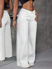 SHEIN ICON 休闲百搭纯色V字低腰阔腿牛仔裤 - 白色 - 查看 3